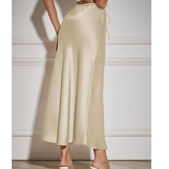 Women's Maxi Skirts Satin Drawstring High Waisted Silk Elegant Flowy Casual - Picture 2 of 4